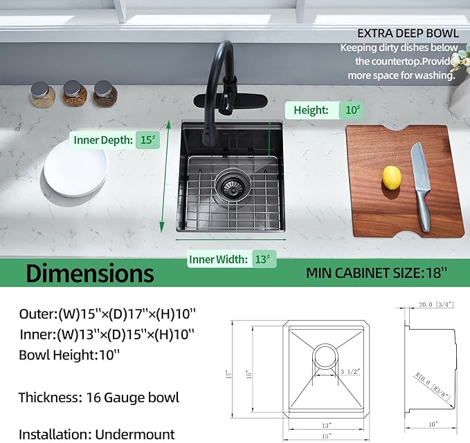 Undermount Kitchen Sink, 15 x 17 x 10 Inch Bar Sink 16 Gauge Gunmetal Black Stainless Steel Small Sink Kitchen Single Bowl Workstation Sink with Cutting Board