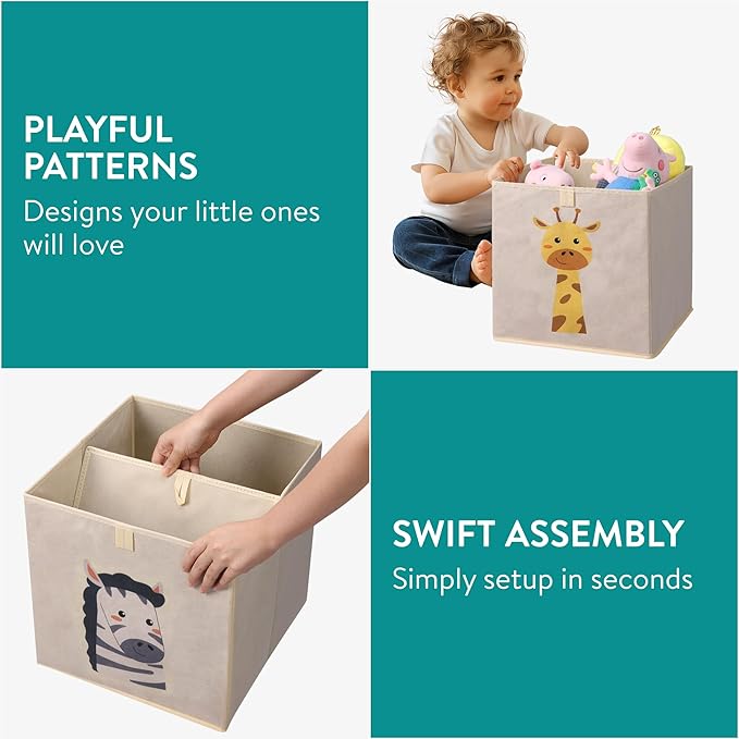 Navaris Toy Storage Boxes - Kids Bedroom Cube Baskets w/ Pull-Out Loop - Fabric Collapsible Box Drawers Unit for Shelves - Compatible with Ikea Kallax Inserts - Set of 4 Animals