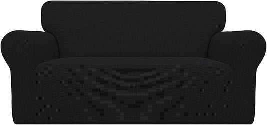 Easy-Going Stretch Loveseat Slipcover 1-Piece Sofa Cover Furniture Protector Couch Soft with Elastic Bottom for Kids Polyester Spandex Jacquard Fabric Small Checks (Loveseat, Black)