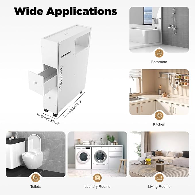 4-Tiers Small Spaces Cabinet for Bathroom, Narrow Toilet Side Organizer with Toilet Paper Slots and 2 Drawers, 4 Movable Wheels, PVC Material, BPA Free