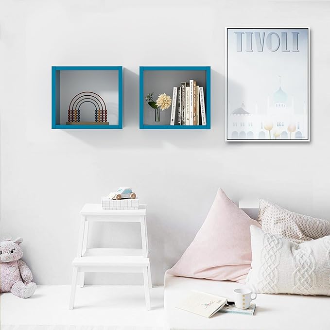 Kaboon Cube Floating Shelves Set2, Display Shelves Wall Mount 7.75" D x 12.5" W x 12.5" H, (Cyan, Square 2 Cubes)