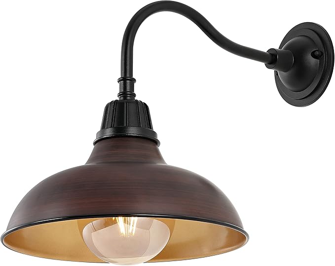 JONATHAN Y JYL7613G Aurora 12.25" 1-Light Farmhouse Industrial Indoor/Outdoor Iron LED Gooseneck Arm Outdoor Sconce Metal Bowl Shade Vintage Cottage Rustic Porch Patio Yard Barn, Wood Finish/Copper