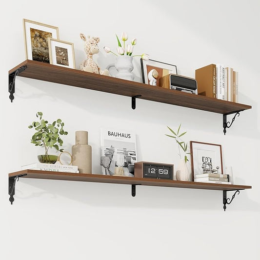 RICHFOCUS Floating Shelves for Wall Decor, 55.1W x 8D Shelves Set of 2, 8 Inch Deep Rustic Wood Shelves Wall Mounted with Brackets, Long Floating Shelves for Living Room Bedroom Kitchen, Walnut