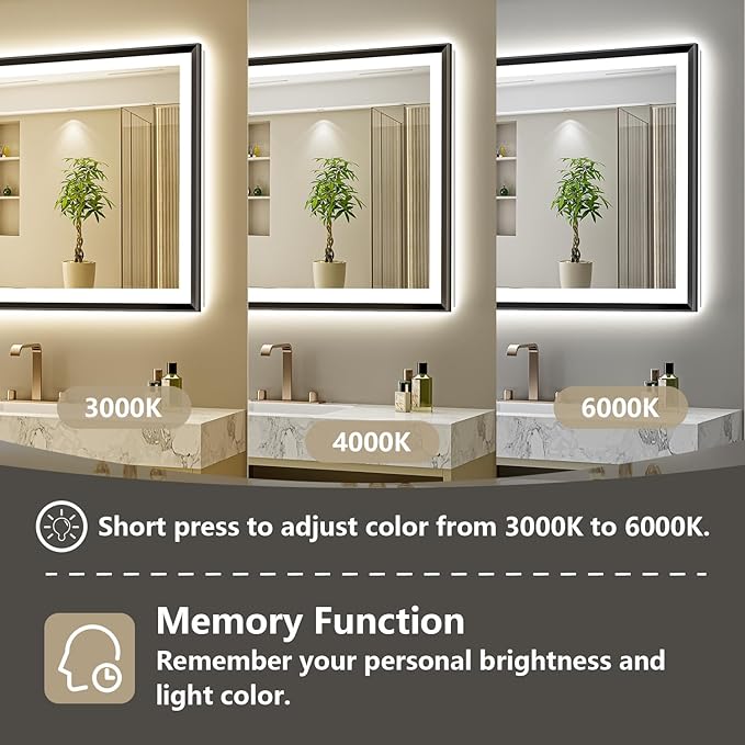 88x38 Black Framed LED Bathroom Mirror with Lights, Backlit and Front Light, Lighted Bathroom Vanity Mirror for Wall Dimmable Anti-Fog Memory Tempered Glass Horizontal/Vertical