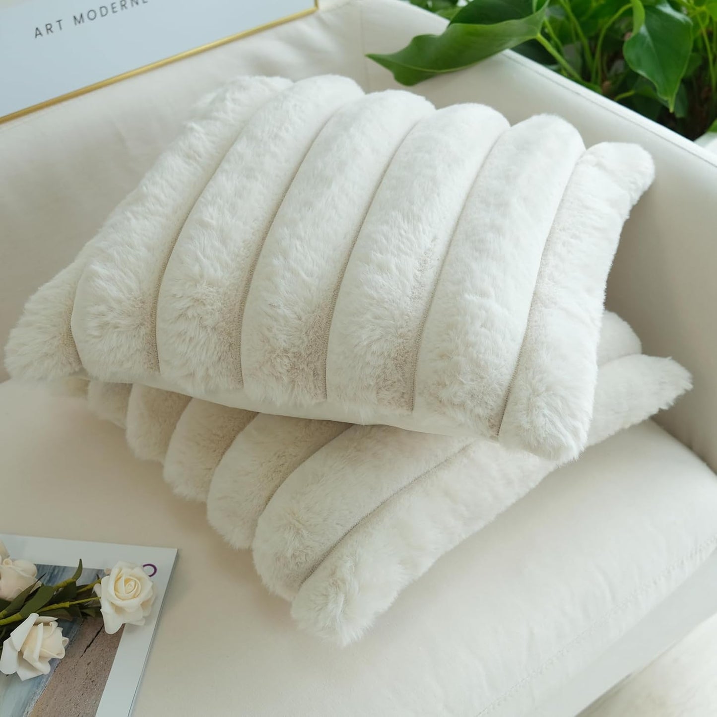 JOJUSIS Pack of 2 Faux Fur Plush Decorative Throw Pillow Covers Couch Cushion Case Soft Fluffy Pillowcases Wide Stripe (Beige, 18 x 18 Inch)