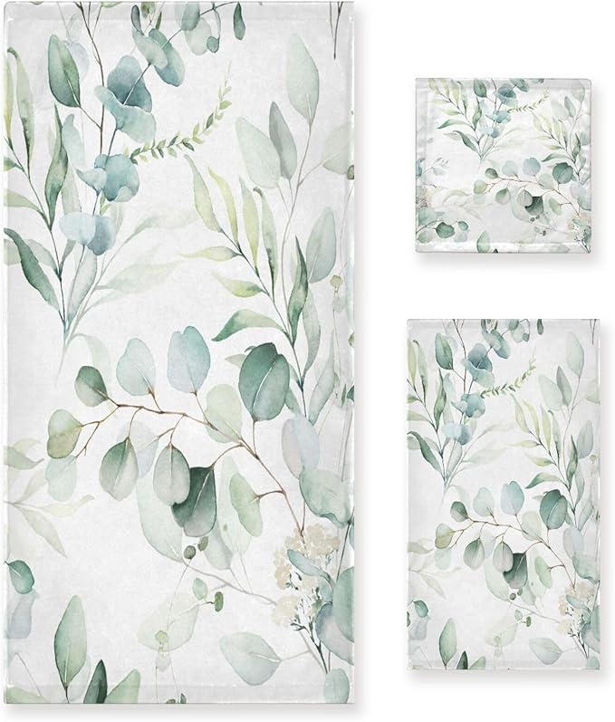 3 Piece Sage Green Eucalyptus Bath Towels Set,Microfiber Absorbent Vintage Watercolor Leaves White Floral Towels for Bathroom,1 Bath Towel,1 Hand Towel,1 Washcloth,Decorative Bathroom Towels
