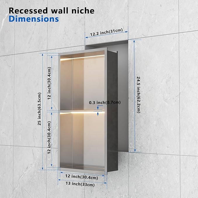 QAOYEDE 24"x12" Stainless Steel Shower Niche with LED Light, No Tile Needed Recessed Shelf, Wall Mount Bathroom Storage Organizer, Brushed Nickel