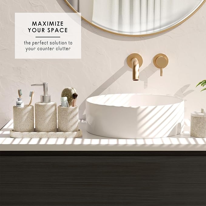 Clara Clark Bathroom Set - Beige Bathroom Accessories Set, 24PC Bathroom Accessory Set, Bathroom Sets with Shower Curtain Set, Adhesive Corner Shower Caddy Hanging & Soap Dispenser