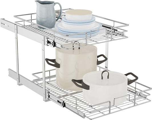 LOVMOR Individual Pull Out Cabinet Organizer, 2 Tier Cabinet Drawers Slide Out, Pots and Pans Organizer and Storage Pantry Shelf for Kitchen (17" W x 21" D)