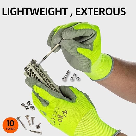 Vgo... 10-Pairs Safety Work Gloves, Gardening Gloves, Polyurethane Coated, Dipping Gloves, Latex Free (Size XL, Yellow, PU2103)