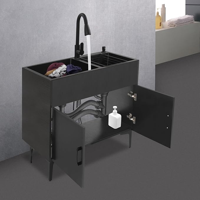 Laundry Sink with Cabinet, Utility Room Stainless Steel Sink with Pull-Out Faucet Dual Bowls, Freestanding Laundry Utility Tub for Kitchen Bathroom 31.89x16.93x30.71in (Black)