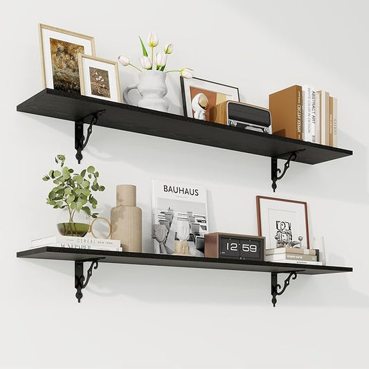 RICHFOCUS Floating Shelves for Wall Decor, 47.3W x 8D Shelves Set of 2, 8 Inch Deep Rustic Wood Shelves Wall Mounted with Brackets, Long Floating Shelves for Living Room Bedroom Kitchen, Black