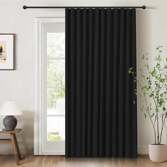 INOVADAY 100% Blackout Curtains for Bedroom, Black Out Curtains 84 Inch Long, Clip Rings Linen Blackout Drapes, Thermal Insulated Room Darkening for Living Room, 1 Panel - Black,W102xL84