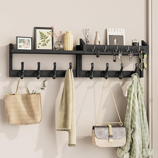 Evermagin 35" Coat Rack Wall Mount with Shelf, 4 in 1 Wall Mounted Coat and Key Hanger with 13 Hooks, Entryway Key Holder with Mail Holder for Living Room, Bedroom, Black