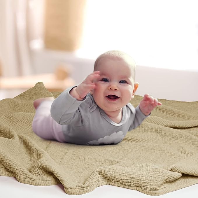 lulumoon Muslin Quilt Blanket, Crib Blanket for Baby and Toddler,47x47 Inches(Khaki)