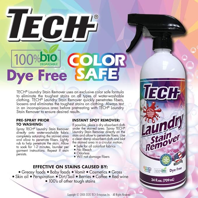TECH Laundry Stain Remover Spray - Color Safe, Effective Clothes Stain Remover (24 OZ)