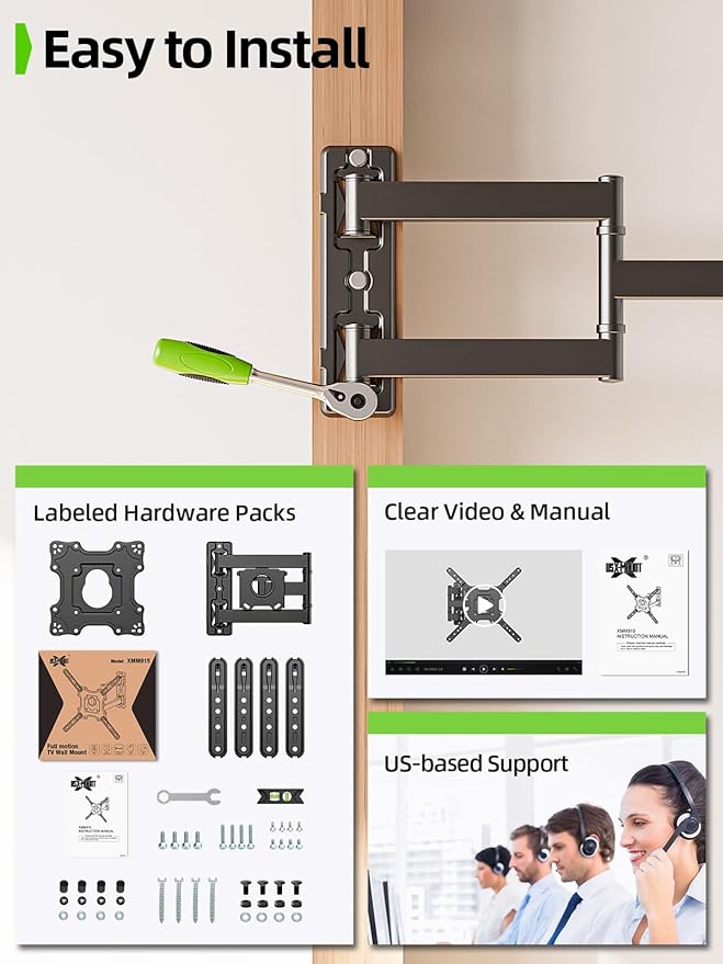 USX MOUNT UL Listed TV Wall Mount for Most 26-60 Inch TVs, Wall Mount TV Brackets with Swivel, Tilt, Rotating, Center Corner Design on Single Stud, Up to 77 lbs Max VESA 400x400mm