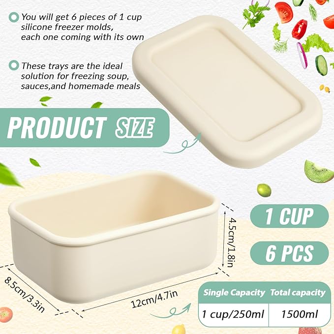 6 Packs 1 Cup Silicone Soup Freezer Molds with Lid Silicone Soup Freezer Trays Rectangle Reusable Food Preserving Tray Freezing Sauces Stews(Beige)