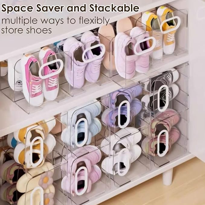Acrylic Kids Shoe Rack for Closet 2 Pack Toddler Shoe Storage 4 Sections Kids Shoes Organizer Baby Shoe Rack Organizer Clear Small Shoe Shelf for Closet Entryway
