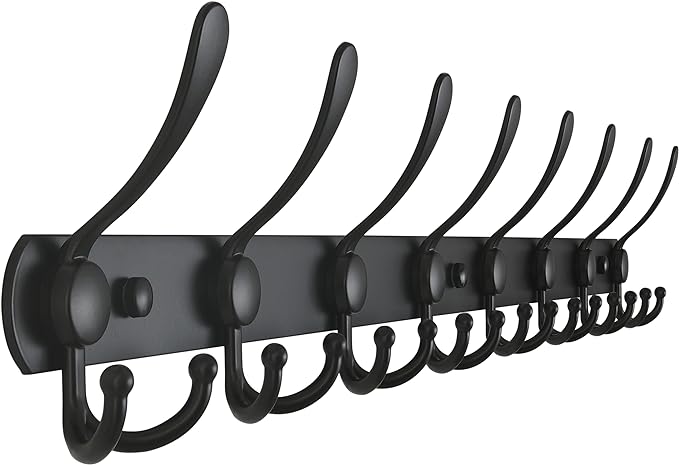 Dseap Coat Rack Wall Mount - 29.5” Long 8-Tri-Hooks Heavy Duty Coat Hanger Rail Wall Hooks for Hanging Coats Hats Clothing Clothes Purse Mudroom Entryway, Black