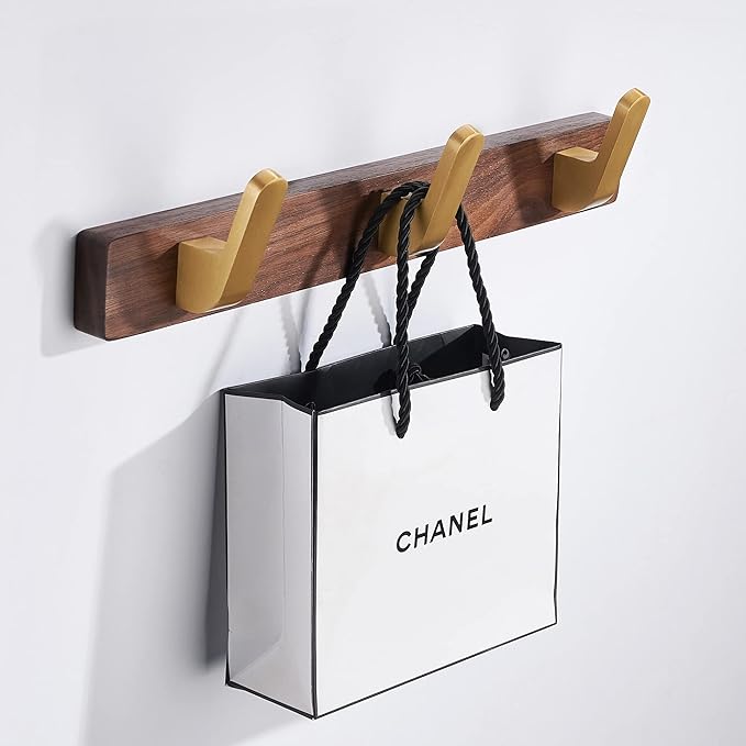 SARIHOSY] Wall Mounted Coat Rack,Multi Hook Hangers,Entryway Hanging Coat Rack,Metal Wood Coat Rail with 3 Hooks，Walnut Wood,zinc Alloy,Bedroom,Bathroom,Foyer,Living Room,Metal Household Items