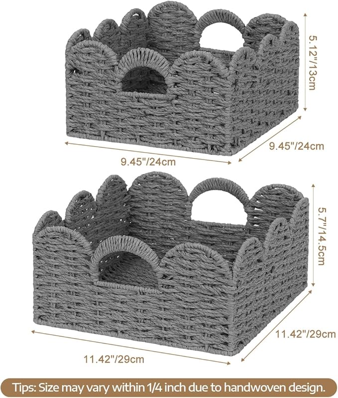 Scalloped Wicker Basket Natural Paper Rope Storage Baskets with Handles Handwoven Organizer Bin Wicker Storage Baskets for Home Decor, Organizing, 2 Pack (Grey)