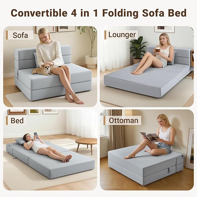 BeBen Folding Sofa Bed, Boneless Foldable Chair Bed, Convertible Futon Sleeper Chair Couch, Twin Lazy Floor Lounger Sofa Couch for Small Spaces, Dorm, Guest Room, Living Room, Apartment, Grey