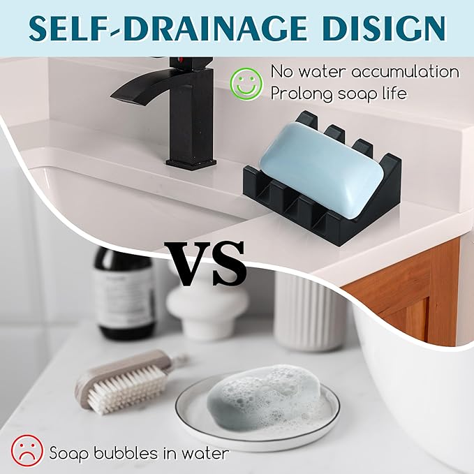 Silicone Soap Dish with Drain, Upgrade Double Suction Cups at The Bottom for Anti-Slip and Stability, Soap Dish Shower Waterfall Bar Soap Holder Tray with Drain Soap Holder (2, Black)