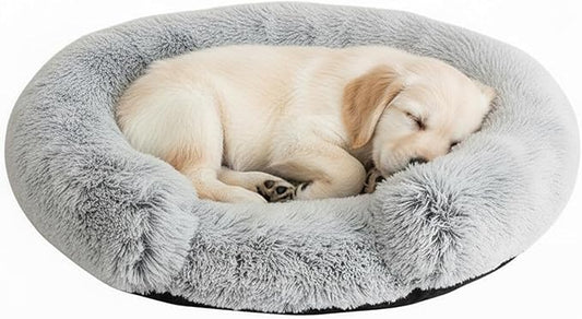 Fluffy Dog Bed Calming Donut Beds for Large Dogs Warming Round Small Medium Pet Nest Cozy Cat Mattress Indoor Washable Puppy Kennel Kittens Sleep Mat (S, 23.6×23.6 inch, Light Gray)