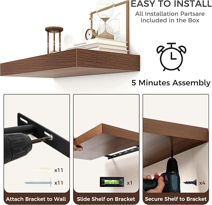 Floating Shelves for Wall, 48 Inch Wide x 12 Inch Deep Floating Shelves, Long Wood Floating Wall Shelf Shelves for Living Room Bathroom Bedroom Kitchen Home - (Walnut, 48" W x 12" D x 2" H)