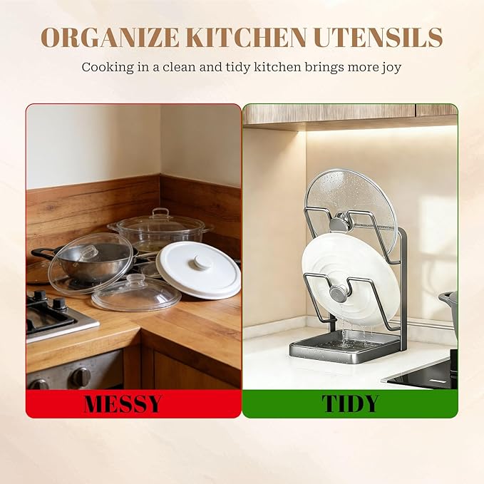 304 Stainless Steel Kitchen Pot Lid Storage Rack, Pot Lid Holder while Cooking, Pot Lid Organizer with Removable Tray & Spoon Rest,Waterproof & Rustproof (Grey, 2 Layer)