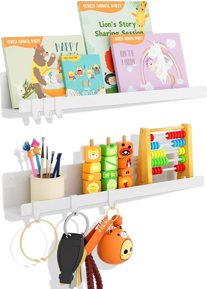 2-Pack Magnetic Book Shelf for Whiteboard - 17 Inch Reusable Metal Magnetic Shelves, Holds 14.33 lbs, Magnetic Book Display for Classrooms, Kitchen(New White)