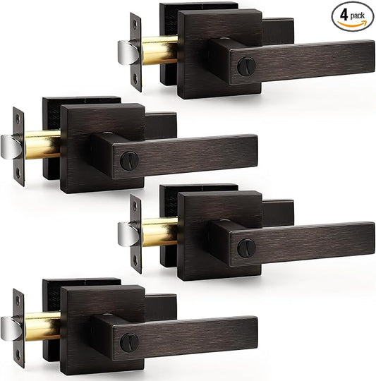 Probrico 4 Pack Square Door Levers with Lock Keyless Privacy Door Handles Locksets Interior Bed/Bath Heavy Duty Hardware in Oil Rubbed Bronze Finish,Universal Handing