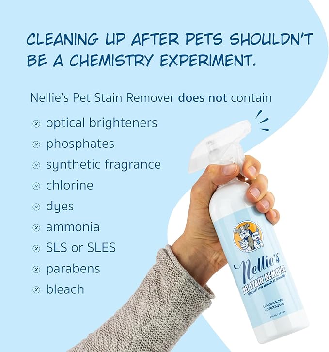 Nellie's Pet Stain & Odour Remover - Lemongrass Scented - Safe on Fabrics & Carpets - Pet-Safe & Powerful Formula - Removes Stains & Odours for a Fresher Home - Friendly Cleaner for Pet Accidents