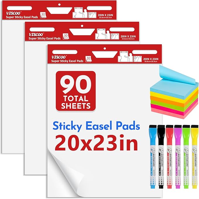 Thickened Sticky Easel Pad, 20 x 23 Inches Flip Chart Paper for Teachers,Giant Self-Stick Chart Paper for Wall, Anchor Chart Paper for Office Classroom with Sticky Note, 90 Sheets/3 Pads