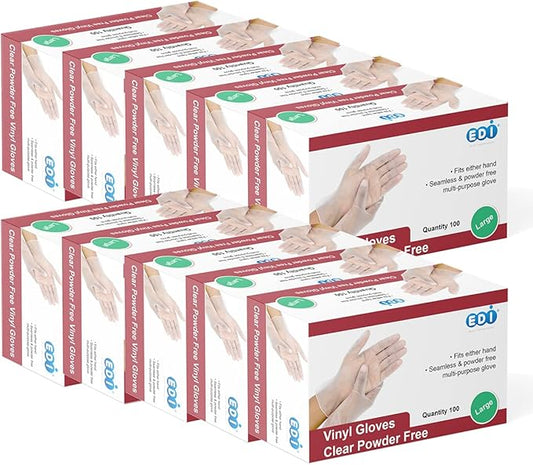 EDI Clear Powder Free Vinyl Glove,4.3 mil,Disposable glove,Industrial Glove,Clear, Latex Free and Allergy Free, Plastic, Work, Food Service, Cleaning,100 gloves per box (1000, large)