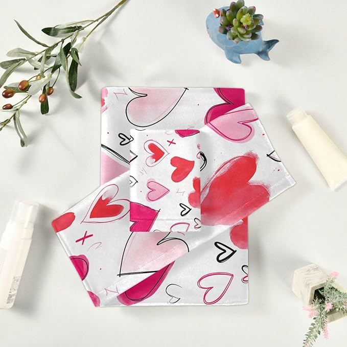 Doodle Romantic Pink Heart Towels Set of 3 Romantic Pink Red Love Spring Bathroom Towel Soft Absorbent Bath Hand Towels Washcloth Guest Towel Sets Mother's Valentine's Day Decorations