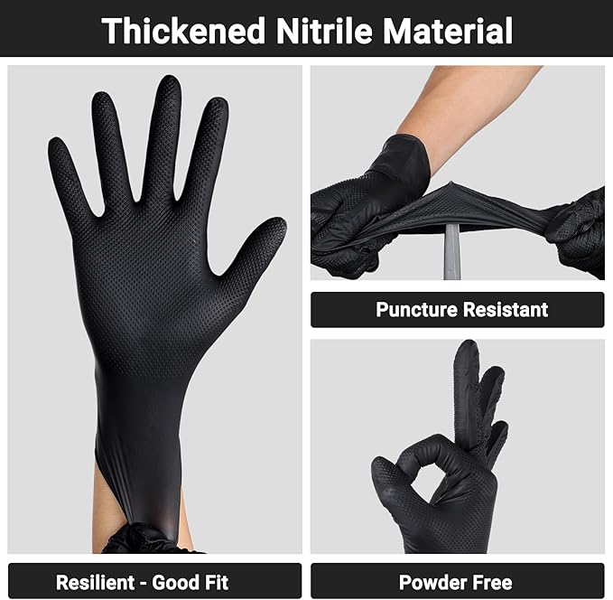 10 Mil Nitrile Gloves - Thick Black Nitrile Gloves Large, 100 PCS Disposable Heavy Duty for Women & Men Cleaning, Cooking, Gardening, Construction, Oil Resistant & Chemical Resistant
