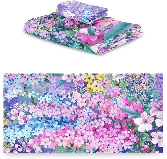 Purple Pink Blue Floral Towel Set, 3-Piece Soft Absorbent Set (1 Bath 1 Hand 1 Washcloth), Decorative Spring Garden Flower Towels for Bathtub, Shower, Hair, Face