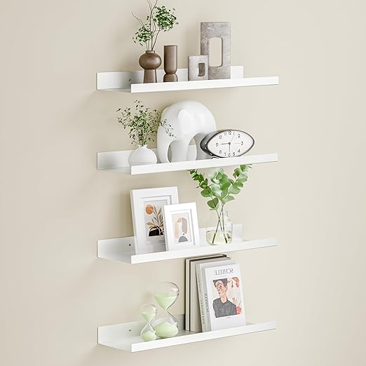 BYCY Metal Floating Shelves Set of 4,15.7 inch Floating Bookshelves for Wall Mounted,Wide Magnetic Book Display Wall Shelves for Classrooms Kitchen Bedroom Room Decor (White)