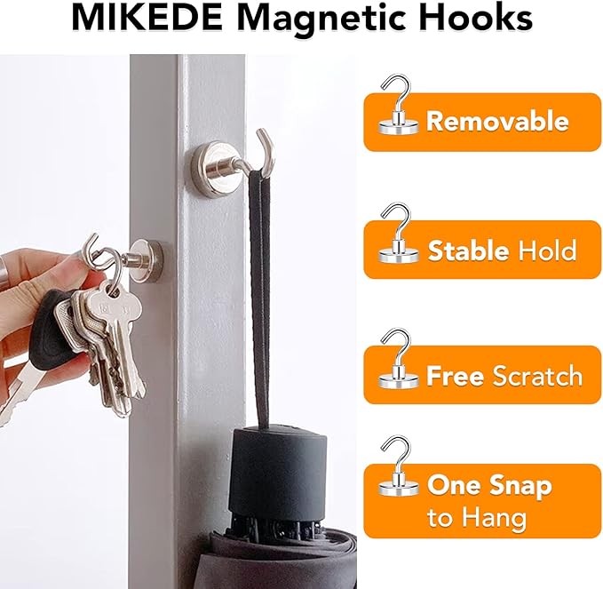 MIKEDE Magnetic Hooks, 85LB+ Heavy Duty Magnetic Hooks Cruise with Epoxy Coating for Refrigerator, Strong Magnet Hooks for Tool Room, Magnetic Metal Hooks for Grill - 8 Pack