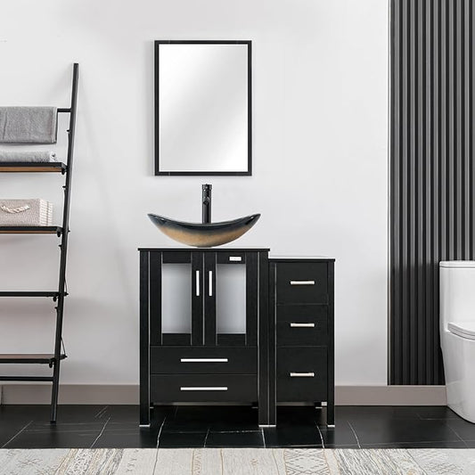 eclife 36" Modern Bathroom Vanity Sink Combo Freestanding Cabinet with Small Side Cabinet, Champagne Boat Glass Vessel Sink, Water Save Faucet, Drain (Black+A29CH)