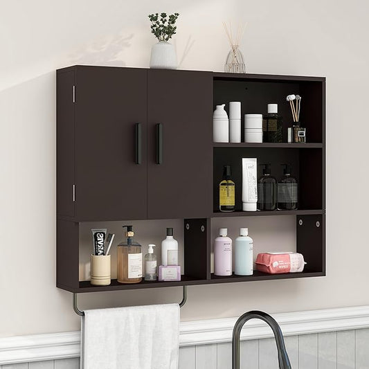 Medicine Cabinet, Wooden Bathroom Wall Cabinet with 2 Doors, Adjustable Shelves & Towel Bar, Over Toilet Storage Cabinet Wall Mounted for Kitchen & Laundry, Espresso