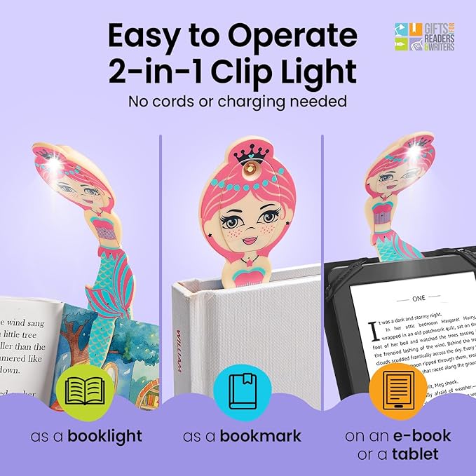 Gifts for Readers & Writers Book Light for Kids, Clip On Reading Light for Bed, 2in1 Flexilight Pals & Bookmark, Small & Lightweight with a Soft Glow, 2 Batteries Included, Mermaid Teal
