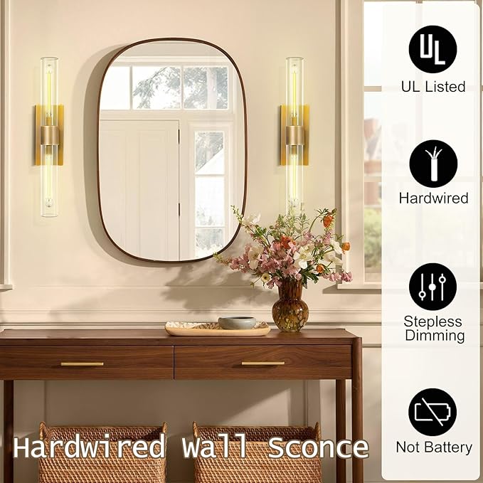 Brass Vanity Light Hardwired, 2-Light Bathroom Wall Sconce Over Mirror, 22.8" Gold Vanity Lights for Bathroom, Dimmable Wall Sconce with Glass Tube, Linear Wall Sconces for vertical and horizontal