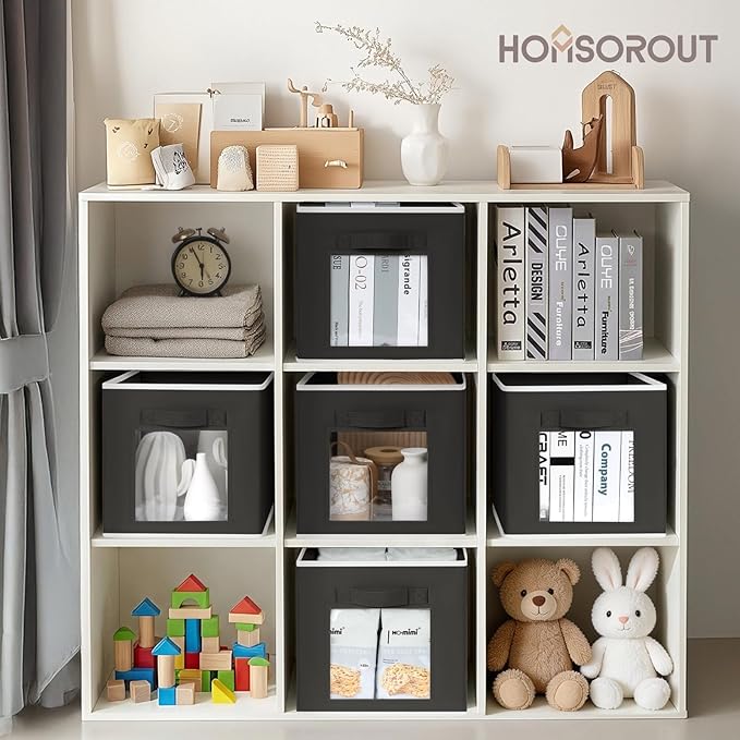Foldable Storage Cubes - Cubby Storage Organizer with Window, Decorative Baskets for Organizing, 11 Inch Fabric Cube Shelf Bins, Set of 10, Black