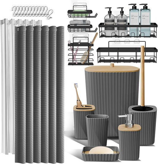 Clara Clark Bathroom Accessories Set - Bathroom Set with Adhesive Corner Shower Caddy Hanging, 25PC Bathroom Accessory Set, Grey Shower Curtain Set, Toilet Brush, Trash Can & Soap Dispenser