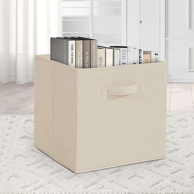 Storage Bins, 11 Inch Fabric Storage Cubes, Collapsible Cube Storage Box, Fabric Closet Organizers with Handle for Home, Office, Shelf, Closets, Bedroom, Living Room, Beige, 10 Set