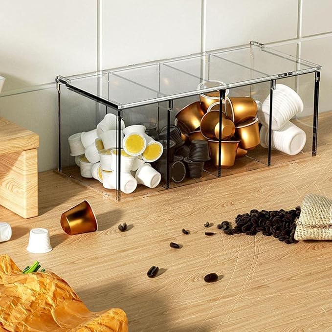 Acrylic Storage Case 4-compartment Display Box with Hinged Lid, Organizer for Coffee Capsules and Small Items, 30x8.6x7cm, Modular Stackable Container for Home and Office