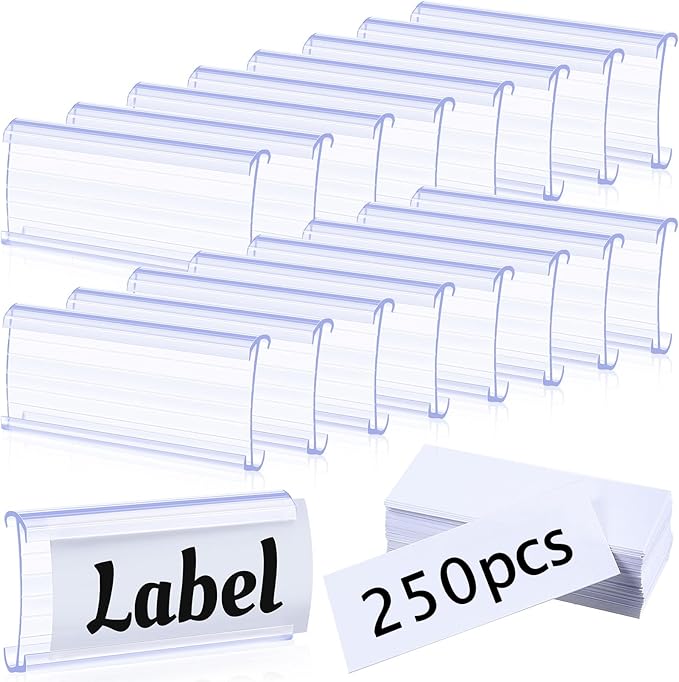 Yulejo 250 Pieces Wire Shelf Label Holders Wire Label Holder Plastic Shelf Tags for Shelving Metro Clips with Paper Inserts, Compatible with 1-1/4 Inch Shelves